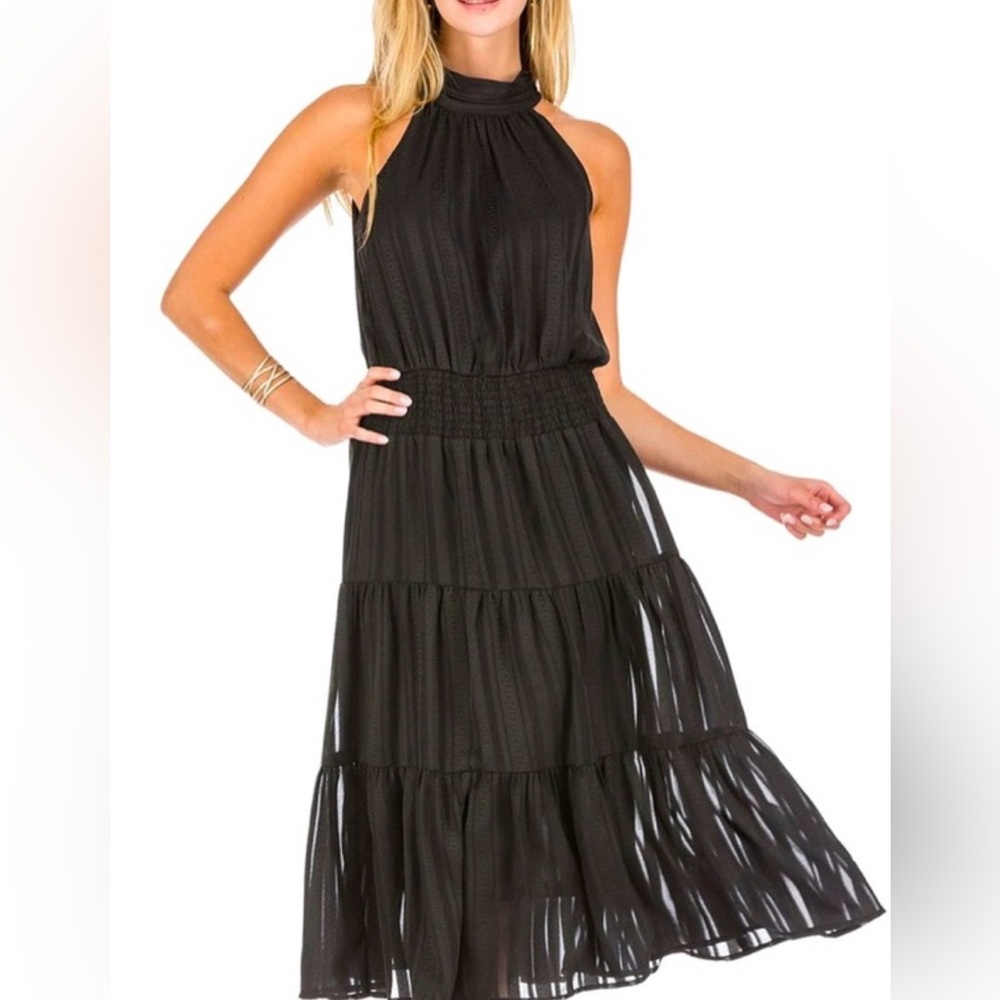 Jade Melody Tam Black Cinch Waist Halter Below Knee Dress‎